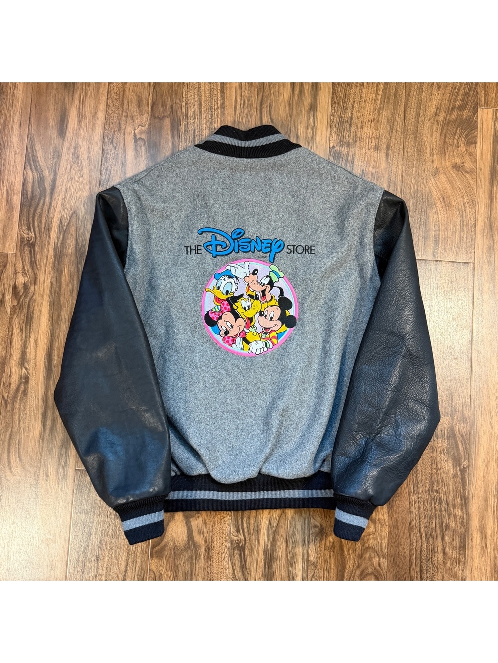 Vintage 90s Disney Store Wool Leather Varsity Jacket Large Grey Mickey USA Dehen